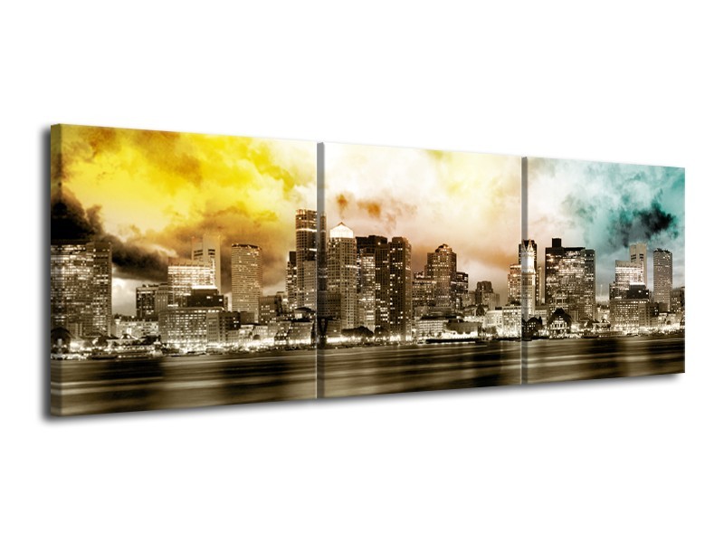 Glas schilderij Wolkenkrabber | Sepia, Bruin, Geel | 120x40cm 3Luik