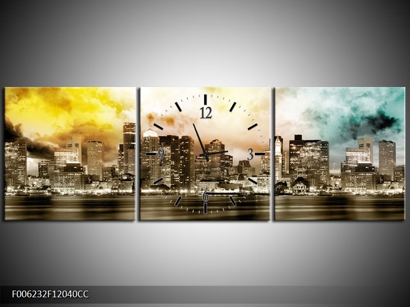 Klok schilderij Wolkenkrabber | Sepia, Bruin, Geel | 120x40cm 3Luik