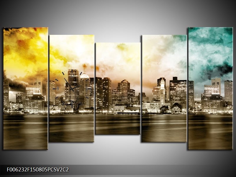 Klok schilderij Wolkenkrabber | Sepia, Bruin, Geel | 150x80cm 5Luik