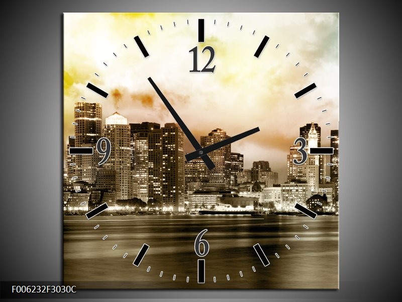 Klok schilderij Wolkenkrabber | Sepia, Bruin, Geel | 30x30cm 1Luik