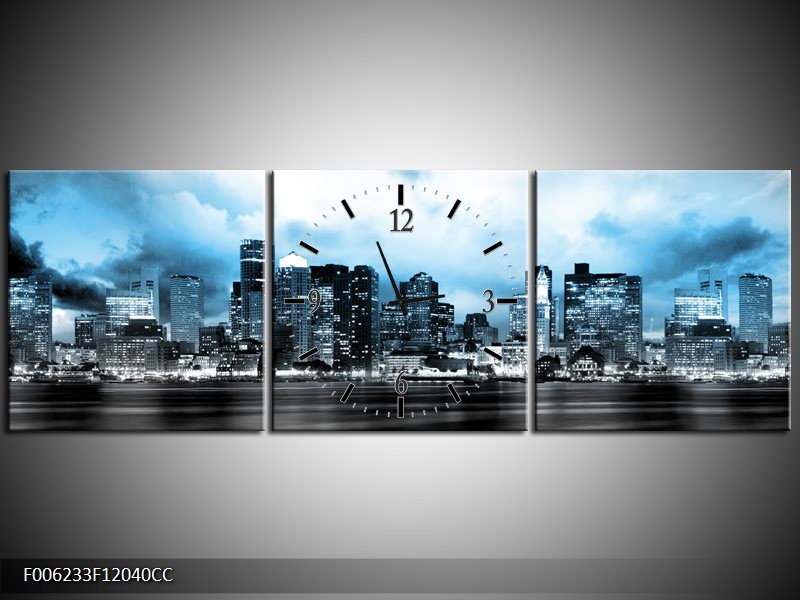 Klok schilderij Wolkenkrabber | Blauw, Grijs | 120x40cm 3Luik
