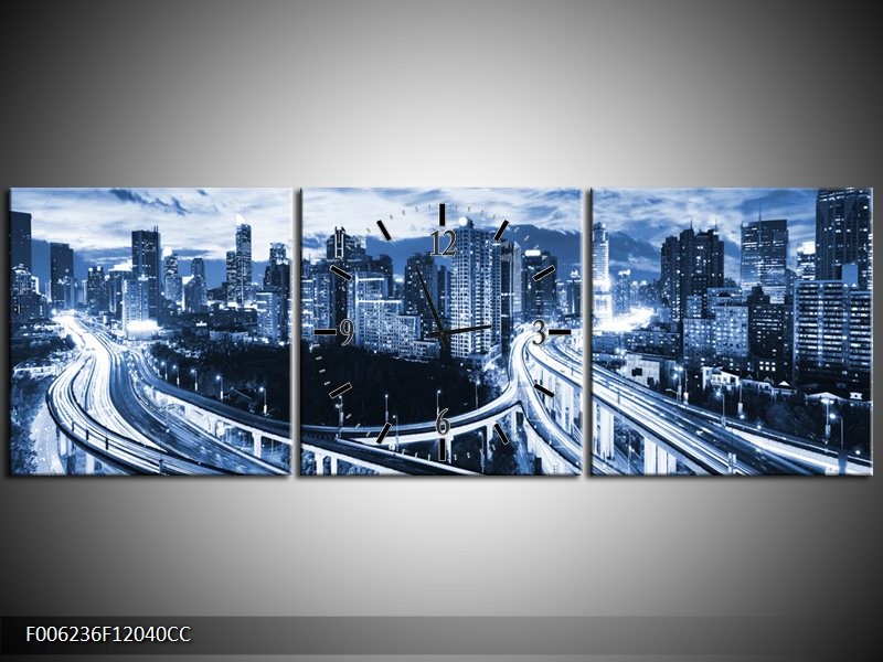 Klok schilderij Brug | Blauw, Grijs | 120x40cm 3Luik