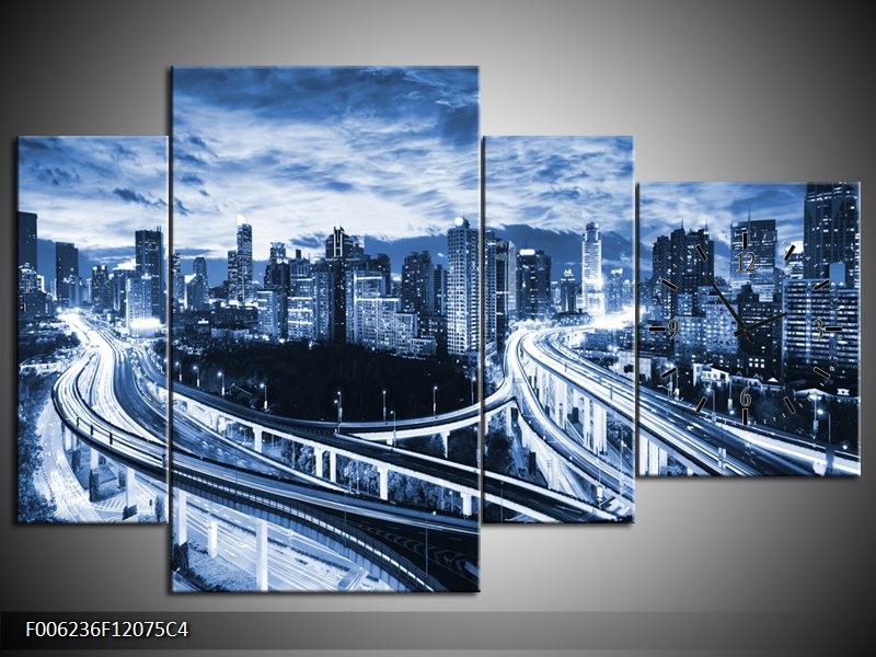 Klok schilderij Brug | Blauw, Grijs | 120x75cm 4Luik