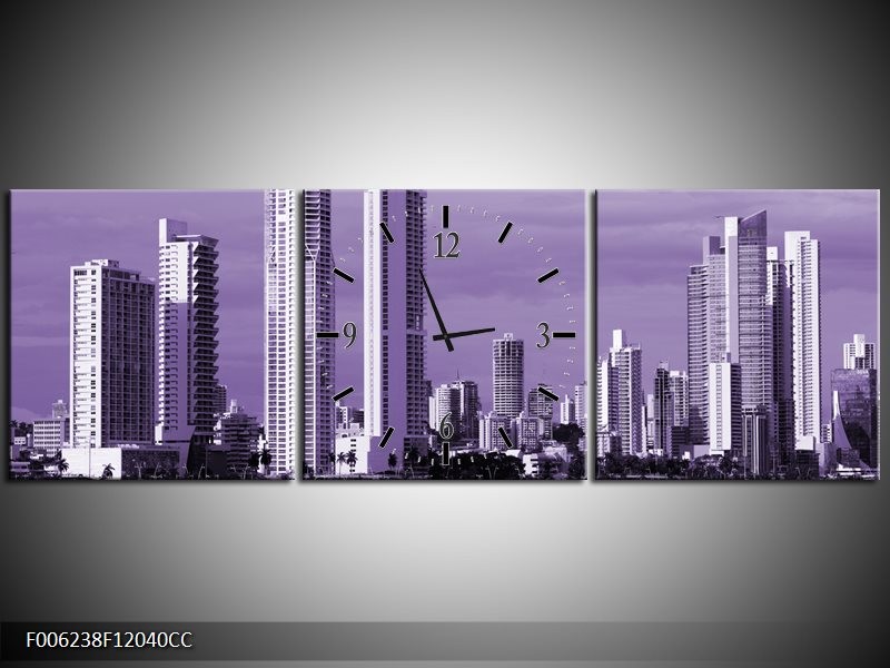 Klok schilderij Wolkenkrabber | Paars | 120x40cm 3Luik