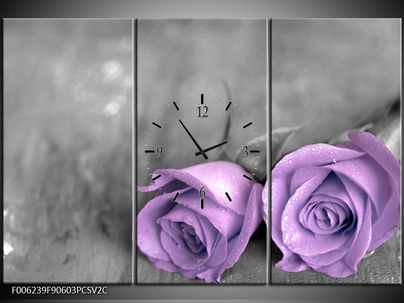 Klok schilderij Roos | Paars, Grijs | 90x60cm 3Luik