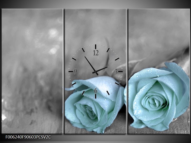 Klok schilderij Roos | Blauw, Grijs | 90x60cm 3Luik
