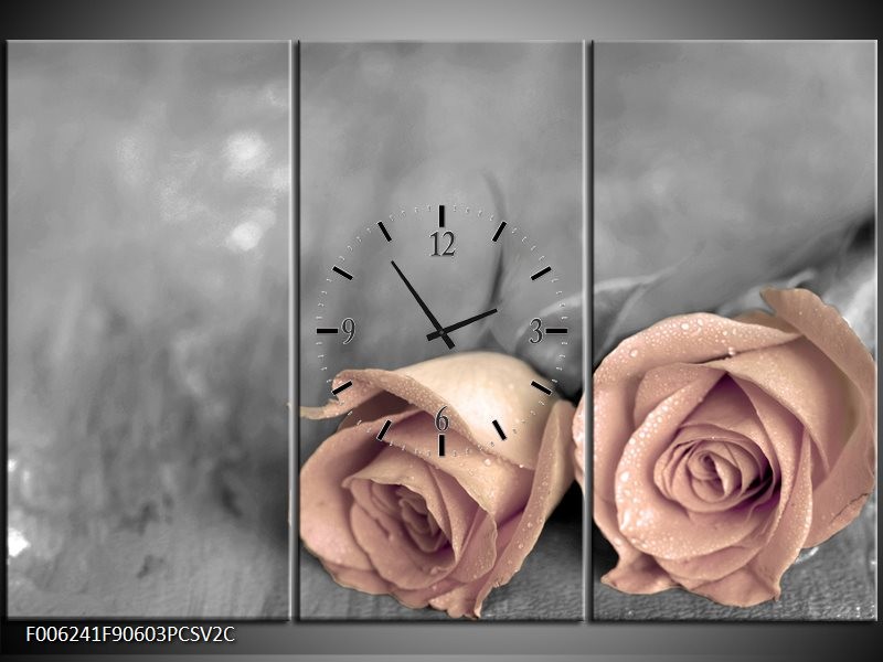 Klok schilderij Roos | Bruin, Crème, Grijs | 90x60cm 3Luik