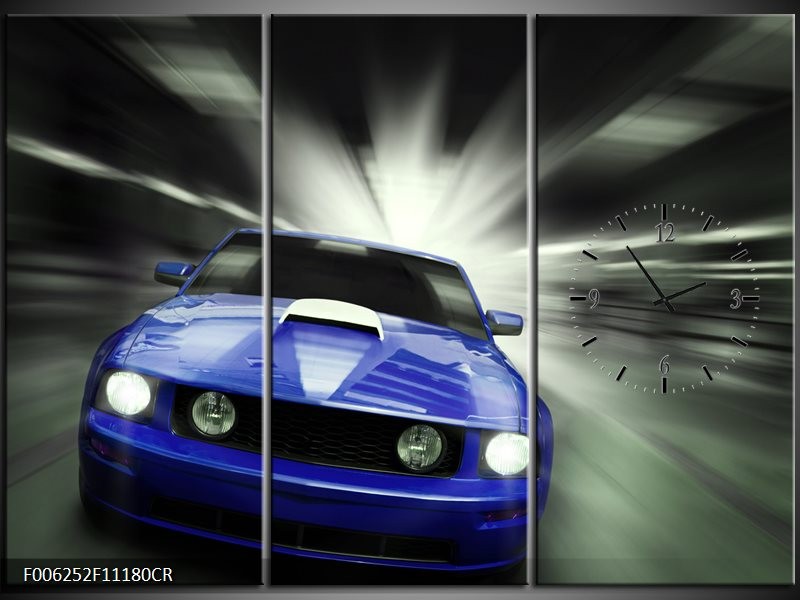 Klok schilderij Mustang | Blauw, Grijs | 111x80cm 3Luik