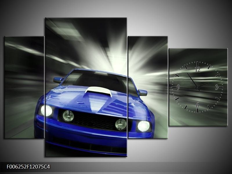 Klok schilderij Mustang | Blauw, Grijs | 120x75cm 4Luik