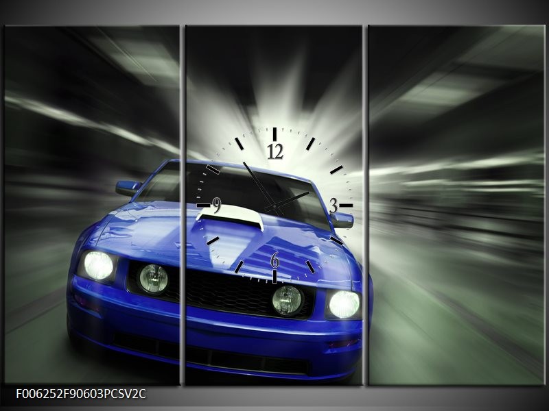 Klok schilderij Mustang | Blauw, Grijs | 90x60cm 3Luik