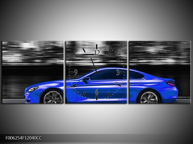 Klok schilderij Auto | Blauw, Grijs | 120x40cm 3Luik