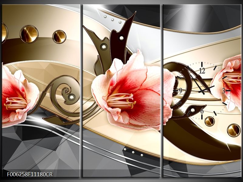 Klok schilderij Bloem | Roze, Crème, Grijs | 111x80cm 3Luik