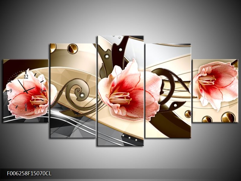 Klok schilderij Bloem | Roze, Crème, Grijs | 150x70cm 5Luik