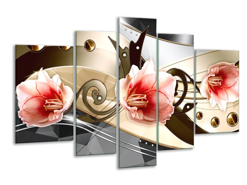 Canvas schilderij Bloem | Roze, Crème, Grijs | 170x100cm 5Luik