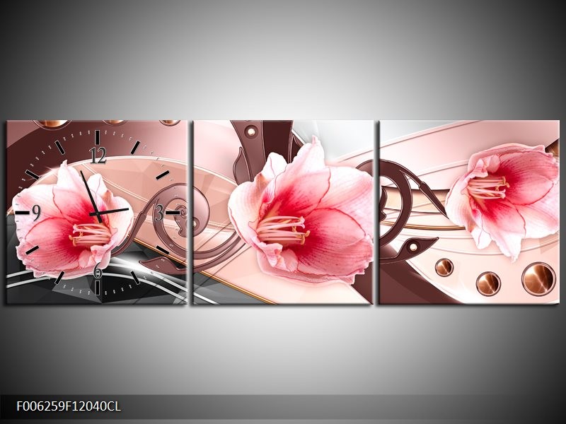Klok schilderij Bloem | Roze, Grijs | 120x40cm 3Luik