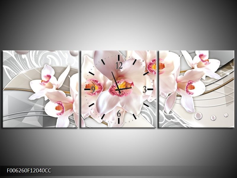 Klok schilderij Orchidee | Grijs, Roze | 120x40cm 3Luik