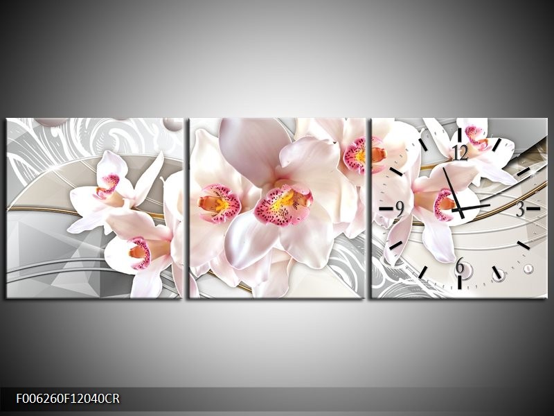 Klok schilderij Orchidee | Grijs, Roze | 120x40cm 3Luik
