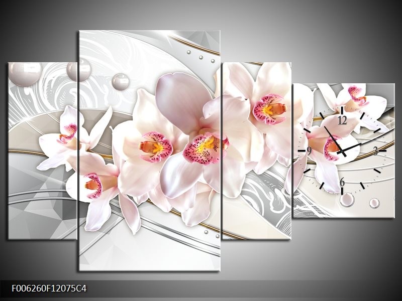Klok schilderij Orchidee | Grijs, Roze | 120x75cm 4Luik