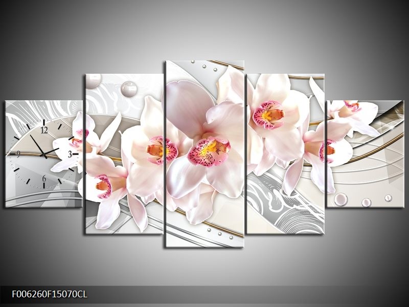 Klok schilderij Orchidee | Grijs, Roze | 150x70cm 5Luik
