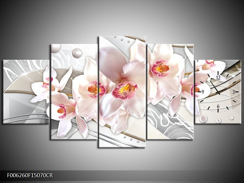 Klok schilderij Orchidee | Grijs, Roze | 150x70cm 5Luik