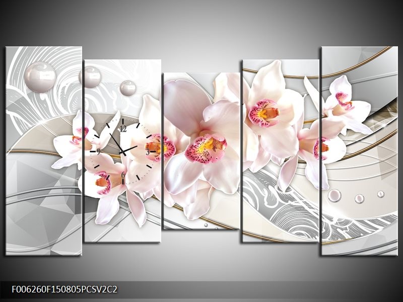 Klok schilderij Orchidee | Grijs, Roze | 150x80cm 5Luik