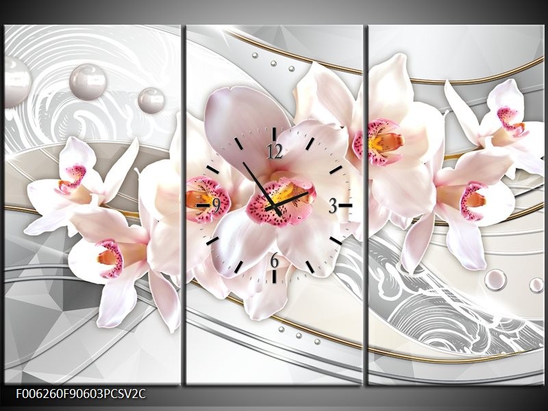 Klok schilderij Orchidee | Grijs, Roze | 90x60cm 3Luik