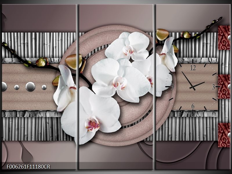 Klok schilderij Orchidee | Bruin, Wit, Grijs | 111x80cm 3Luik
