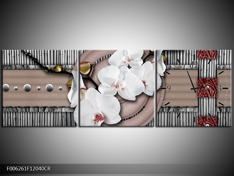 Klok schilderij Orchidee | Bruin, Wit, Grijs | 120x40cm 3Luik