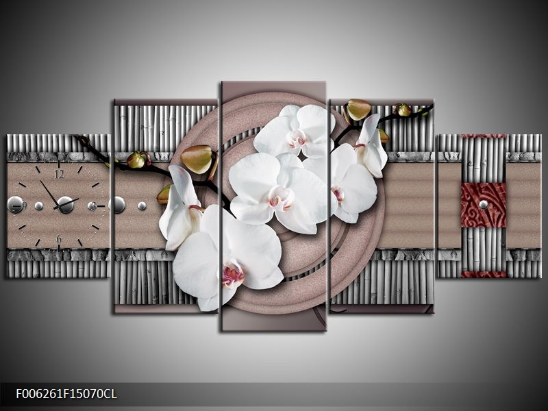 Klok schilderij Orchidee | Bruin, Wit, Grijs | 150x70cm 5Luik