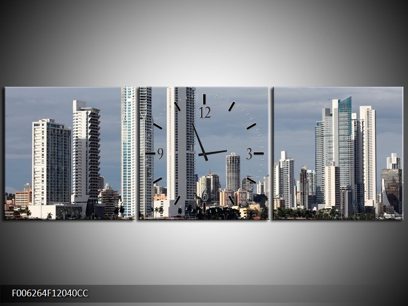 Klok schilderij Wolkenkrabber | Grijs, Blauw | 120x40cm 3Luik