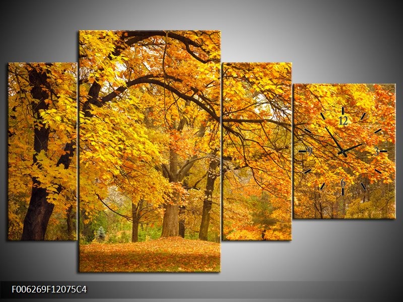 Klok schilderij Herfst | Bruin, Oranje | 120x75cm 4Luik