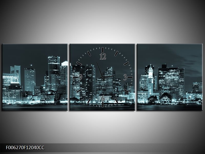 Klok schilderij Wolkenkrabber | Groen, Grijs | 120x40cm 3Luik