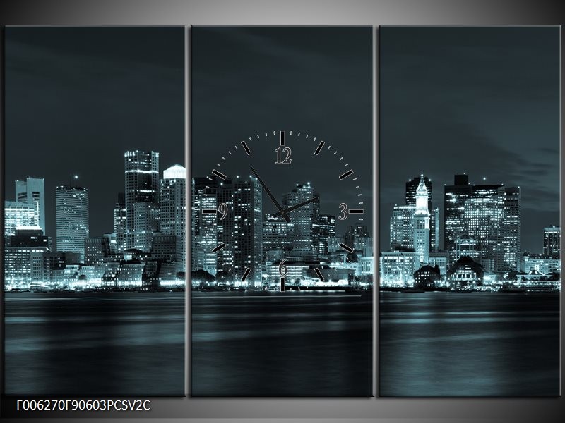 Klok schilderij Wolkenkrabber | Groen, Grijs | 90x60cm 3Luik