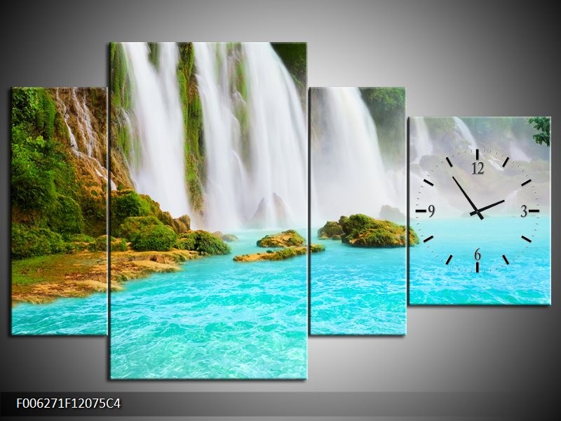 Klok schilderij Waterval | Groen, Blauw | 120x75cm 4Luik