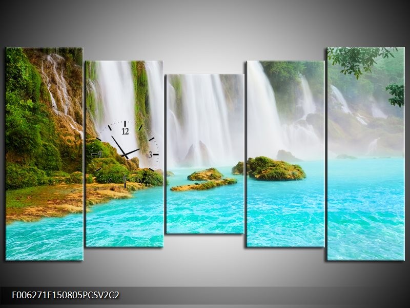 Klok schilderij Waterval | Groen, Blauw | 150x80cm 5Luik