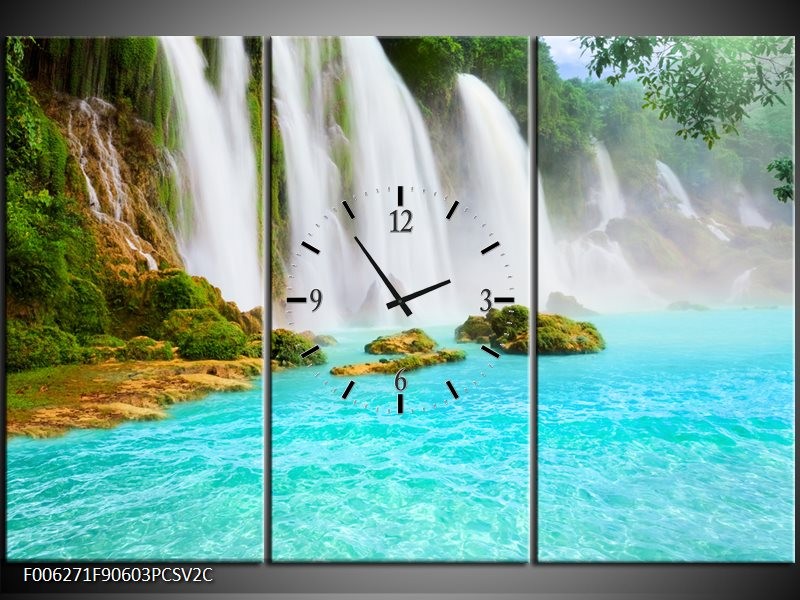 Klok schilderij Waterval | Groen, Blauw | 90x60cm 3Luik