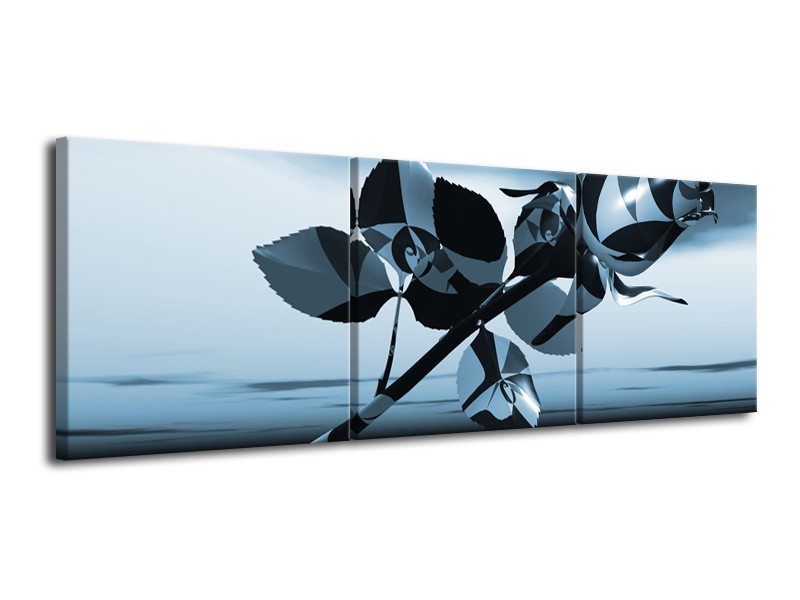 Glasschilderij Bloem, Roos | Blauw, Zilver | 120x40cm 3Luik