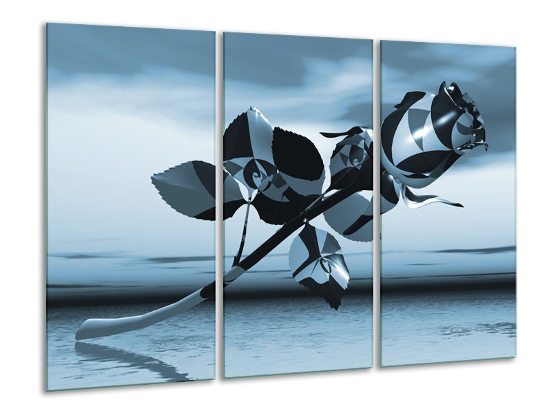 Glasschilderij Bloem, Roos | Blauw, Zilver | 120x80cm 3Luik