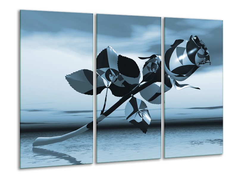 Canvas Schilderij Bloem, Roos | Blauw, Zilver | 120x80cm 3Luik