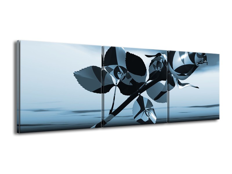 Glasschilderij Bloem, Roos | Blauw, Zilver | 150x50cm 3Luik