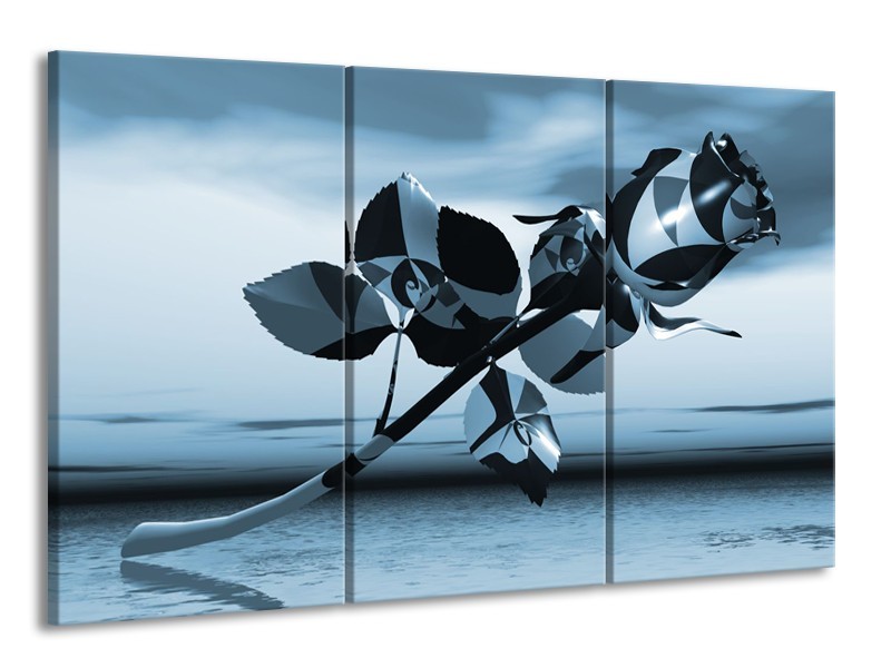 Canvas Schilderij Bloem, Roos | Blauw, Zilver | 165x100cm 3Luik