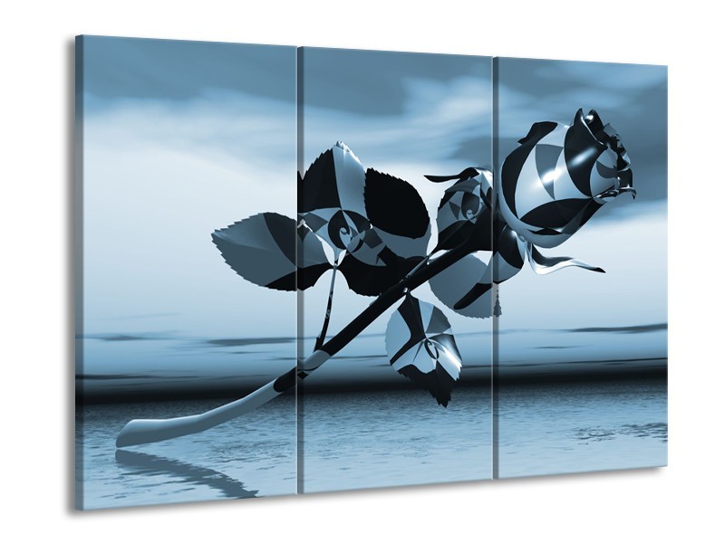 Glasschilderij Bloem, Roos | Blauw, Zilver | 60x90cm 3Luik