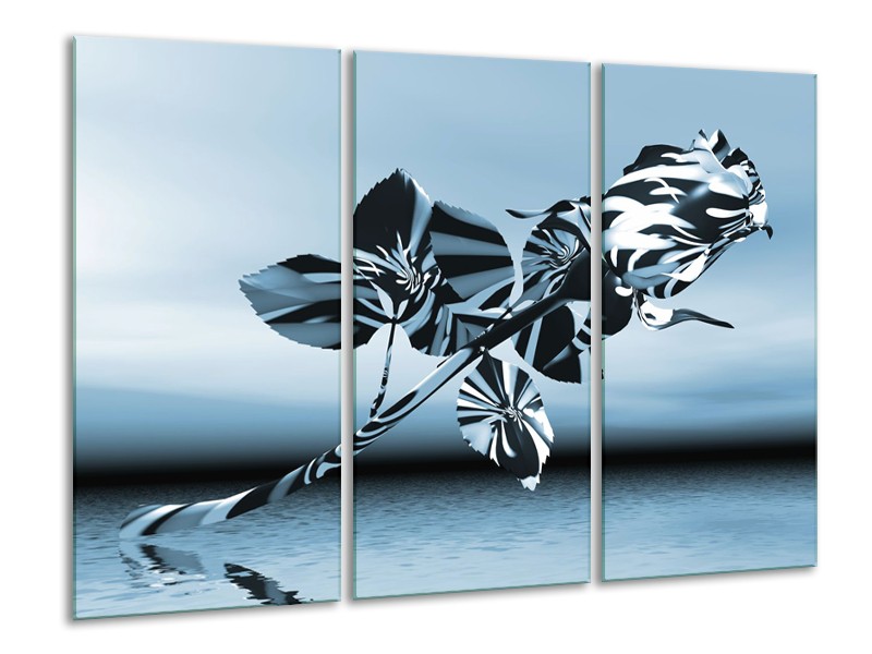 Glasschilderij Bloem, Roos | Blauw, Zilver | 120x80cm 3Luik