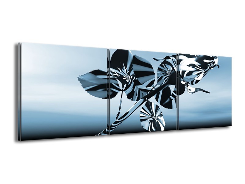 Glasschilderij Bloem, Roos | Blauw, Zilver | 150x50cm 3Luik