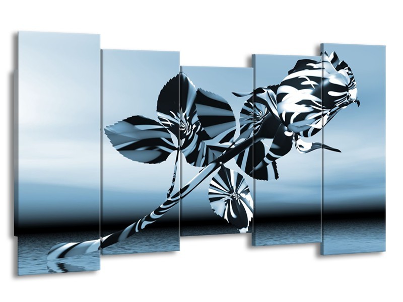 Canvas Schilderij Bloem, Roos | Blauw, Zilver | 150x80cm 5Luik