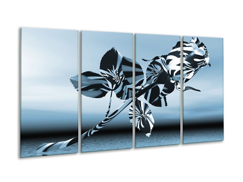 Canvas Schilderij Bloem, Roos | Blauw, Zilver | 160x80cm 4Luik