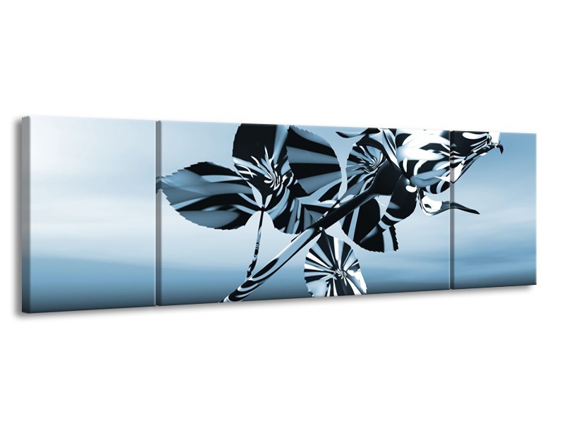 Canvas Schilderij Bloem, Roos | Blauw, Zilver | 170x50cm 3Luik