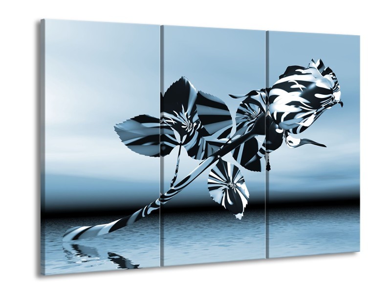 Glasschilderij Bloem, Roos | Blauw, Zilver | 60x90cm 3Luik