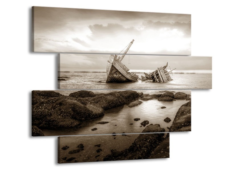 Glasschilderij Boot | Sepia | 115x85cm 4Luik