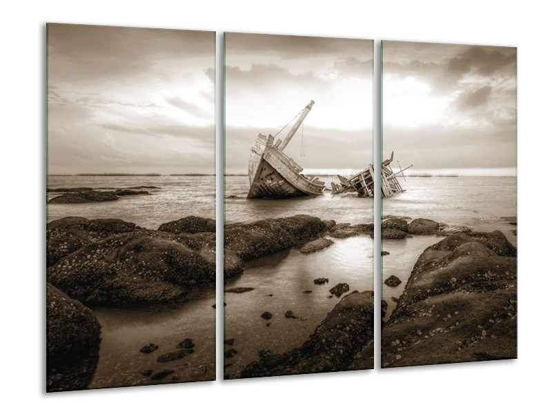 Glasschilderij Boot | Sepia | 120x80cm 3Luik